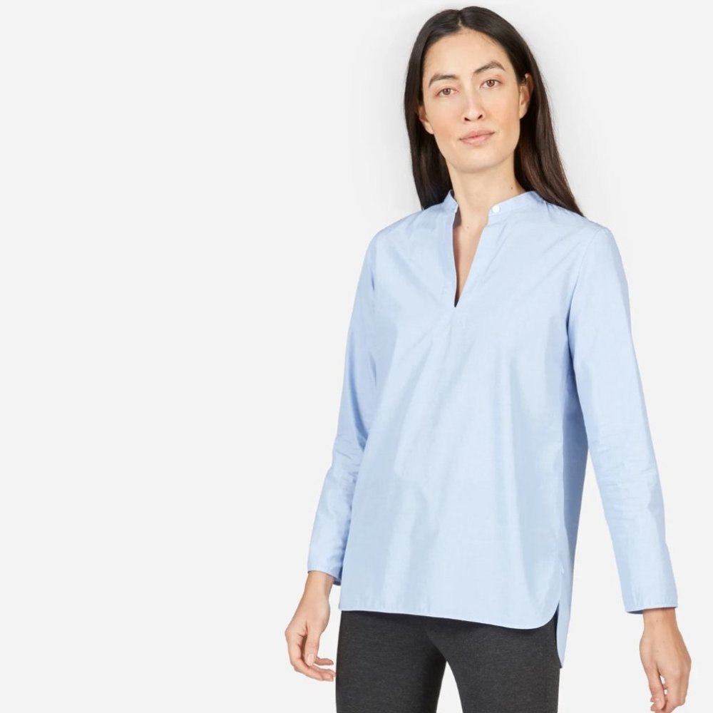 Everlane Cotton Split-Neck Blouse - Blue